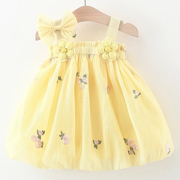 Cute Embroidery Flowers Mesh Sleeveless Bow Princess Party Kids Dress