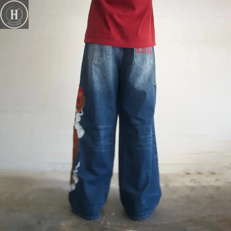 Dragon Graffiti Embroidery Dark Blue Loose Wide Leg Distressed Jeans Y2K High Waist Men Women Vintage Casual Daily Streetwear Halalzen UK