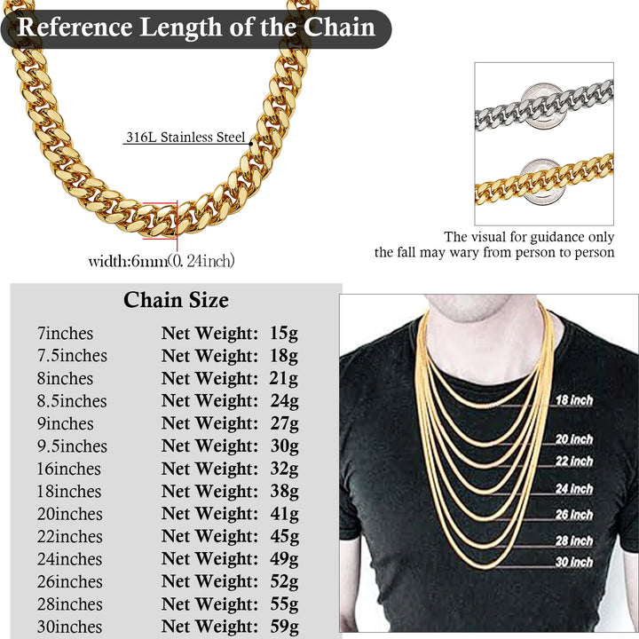 6mm-22mm wide 316L Stainless Steel Cuban Miami Chains Necklaces Big Heavy Round Link Chain for Men Hip Hop Rock jewelry