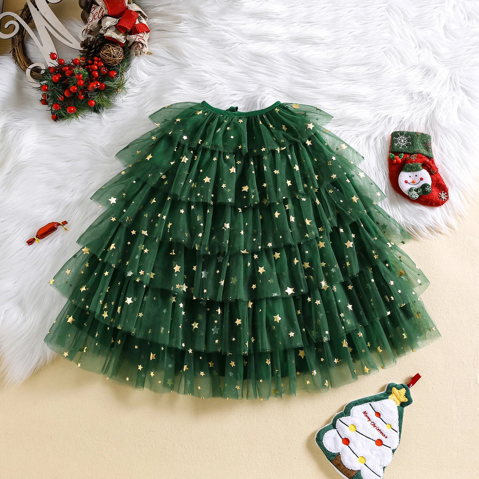 Christmas Tulle Cloak for Girls Snowman Reindeer Gingerbread Man Tiered Cake Tie Front Cape with Holly Accents
