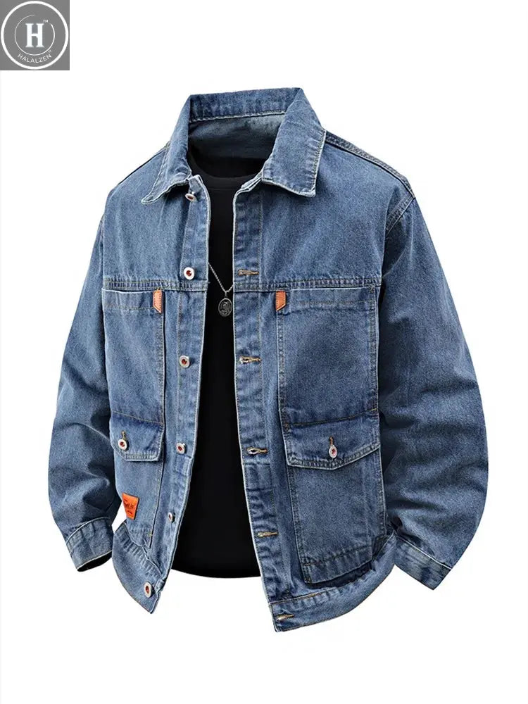Autumn and Spring Fashion Trend Outdoor Sports Vintage Workwear Denim Jacket Men's Casual Loose Plus Size High Quality Outerwear HALALZEN