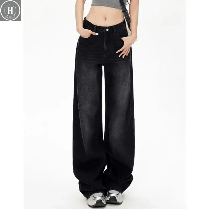 Lady Retro Black Gray High Waist Jeans Pants Women Fashion Straight Leg Denim Trousers Girls Loose Fit Thin Casual Pants Halalzen UK