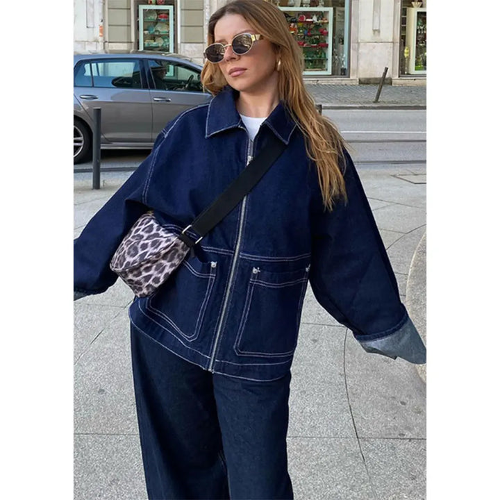 DUOPERI Women‘s Blue Denim Jacket with Pockets Cuff Overlap Casual Lapel Neck Long Sleeves Female Chic Elegance Mujer Outerwear