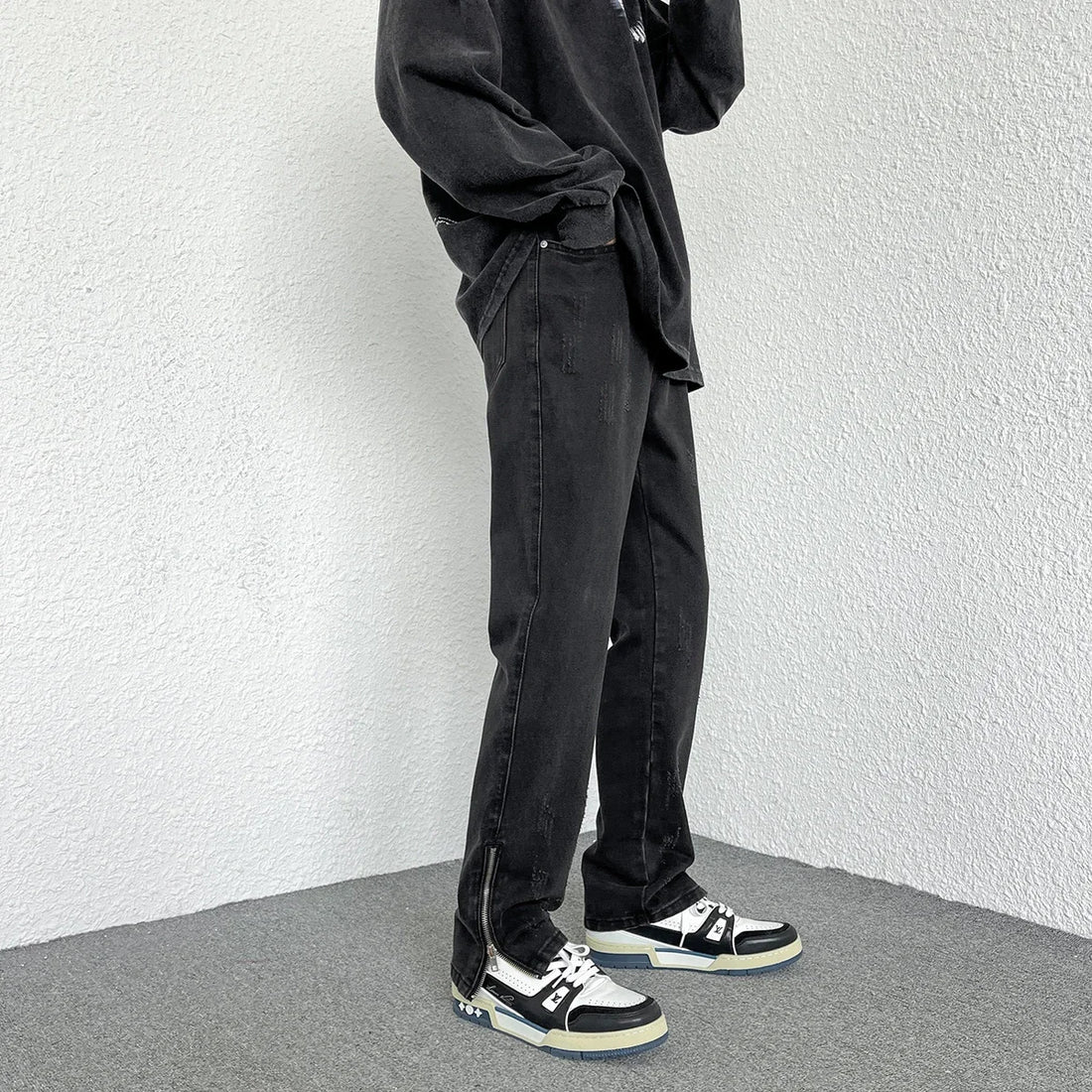 2024 Spring Autumn Korean Men Fashionable Retro Street Jeans Zip Design on Trouser Legs Straight-leg Denim Pants Men's Clothing