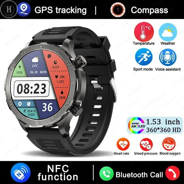 New GPS Track Smart Watch Men AMOLED HD Screen Outdoor Sports Fitness Heart Rate NFC IP68 Waterproof Bluetooth Call Smart Watch HALALZEN
