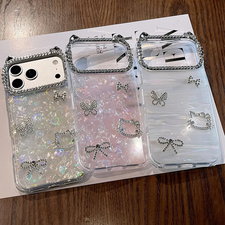 Cute Ear Bow and Butterfly Lens Rhinestone Frame Case for iPhone 17 Pro Max 17 Pro Air 16 Pro 15 14 + 13 Pro 12 11 Protect Cover