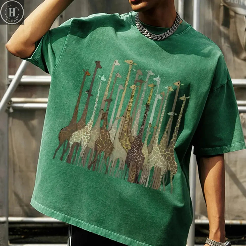 100% Cotton Women's T-Shirt High Quality Soft Cartoon Funny Giraffe Print T-Shirt Custom T-Shirt Daily Wear Clothing HALALZEN