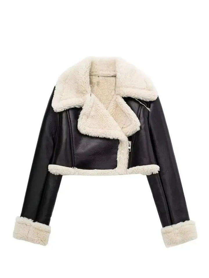 HH Women Faux Leather Thicken Short Jacket Vintage Front Zipper Lapel Long Sleeve Coat Winter Women Warm Casual Outerwear