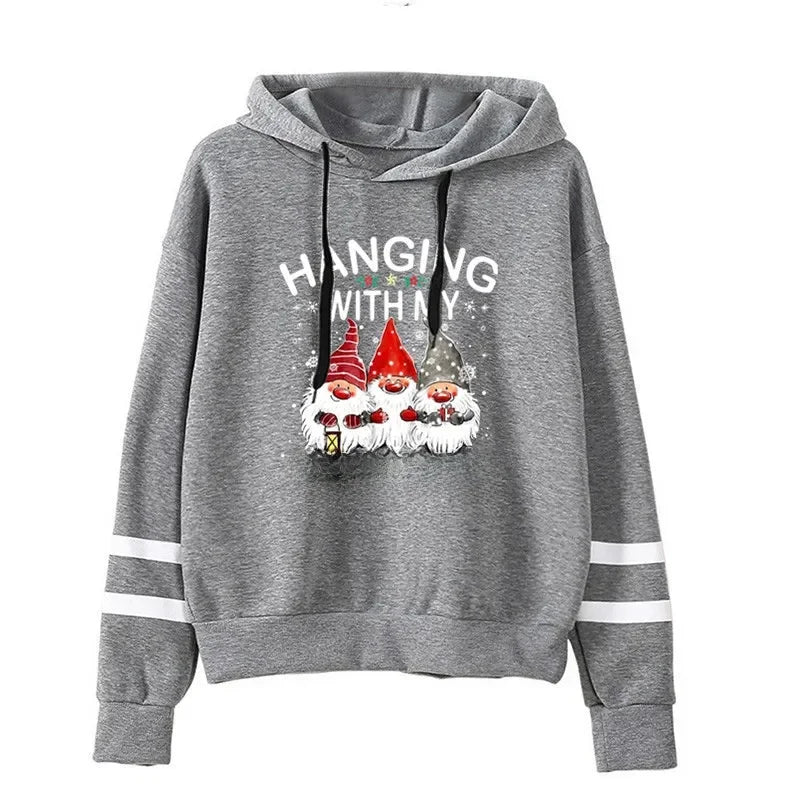 Christmas Floral Print Color Block Long Sleeve Hoodie Women's Knitted T-Shirt Full Sleeve Hooded Top