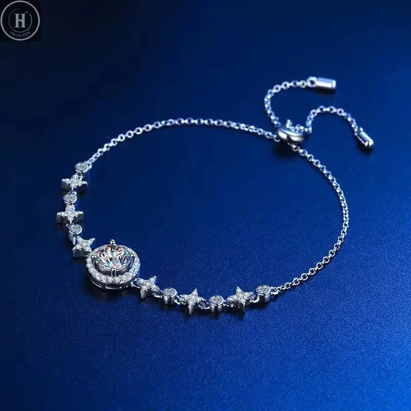 JH 925 Sterling Silver Moissanite Bracelet For Women Adjustable Starry Sky Bracelet Round Cut 1CT Fine Jewelry Lab Gemstone HALALZEN