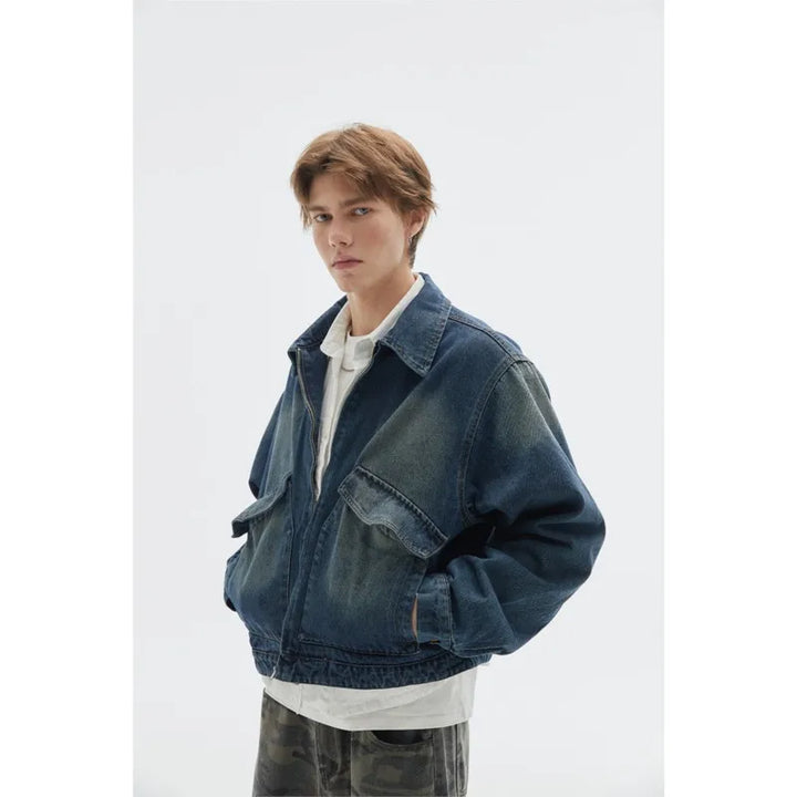 High Quality Washed Workwear Men's Denim Jackets, Lapel Cropped Mans Jeans Jacket, Vintage Oversized Zipper Coats