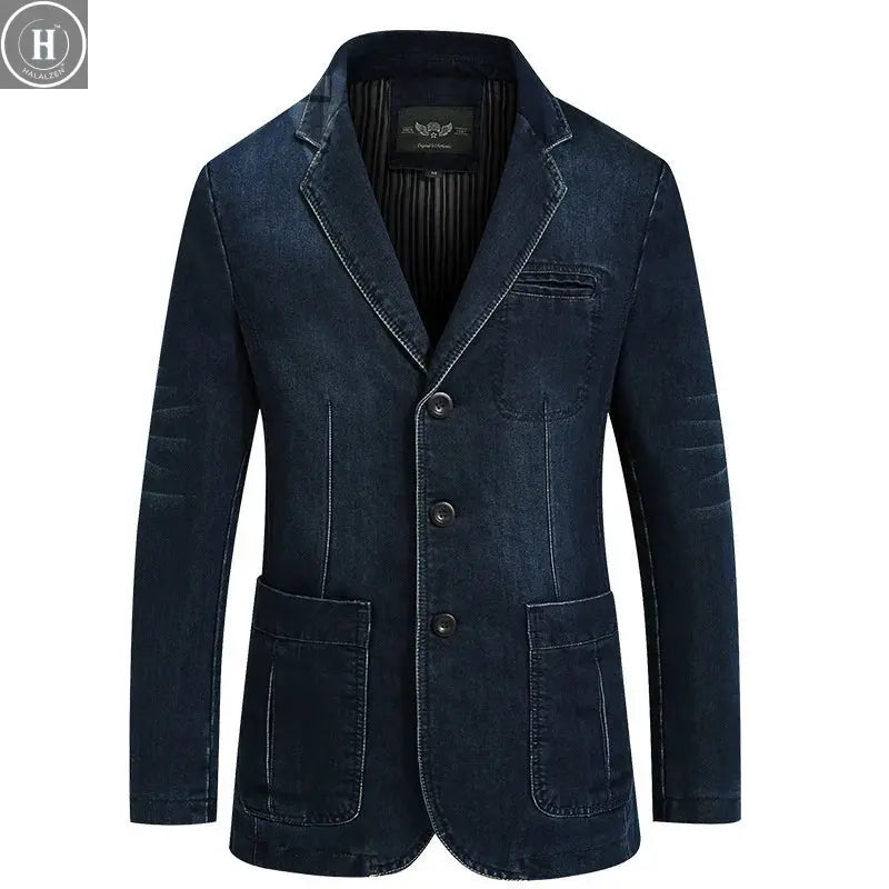 Autumn Men Denim Coat Vintage Washed Turn Down Collar Long Sleeve Male Jacket Single-breasted Business Casual Man Outerwear HALALZEN