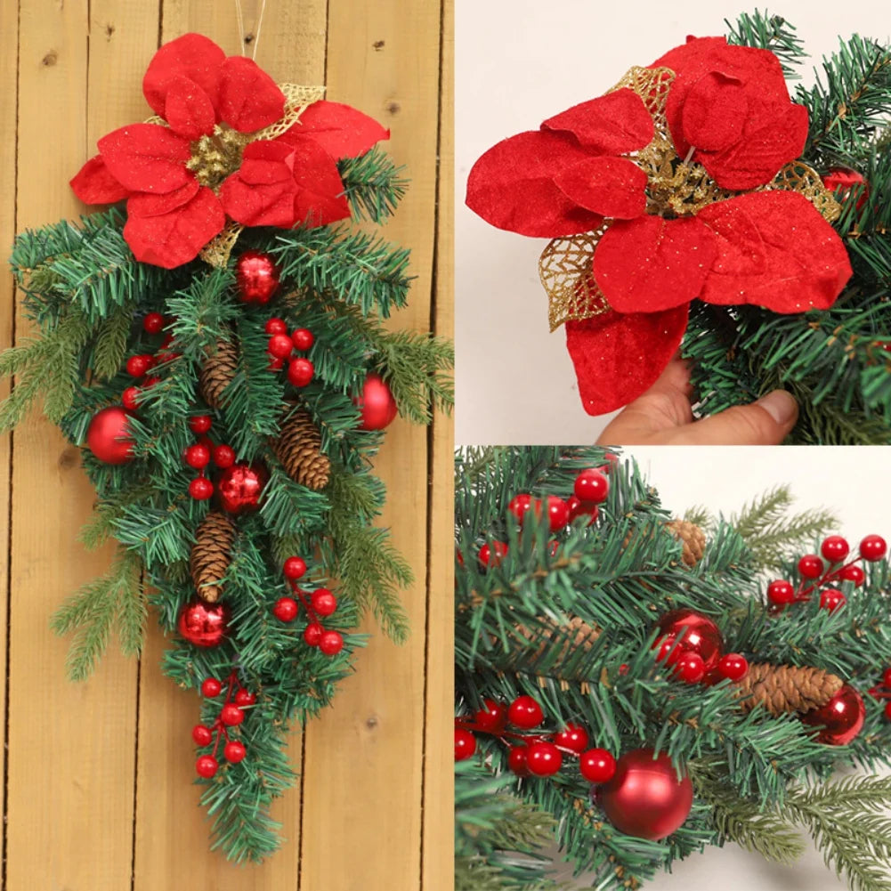 Christmas Front Door Wreath Red Berry Clusters Wreath Holiday Swag Pinecone Winter Teardrop Wreaths Hanger Decor Burlap Ribbon