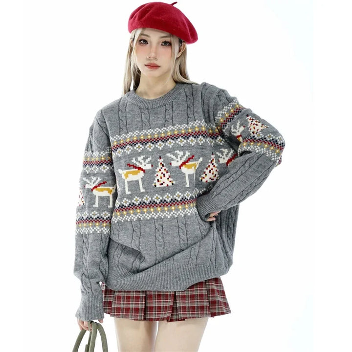 New Christmas Vintage Elk Jacquard Sweater For Men Patchwork Crewneck Winter Knitwear Women Funny Streetwear Knitted Jumpers