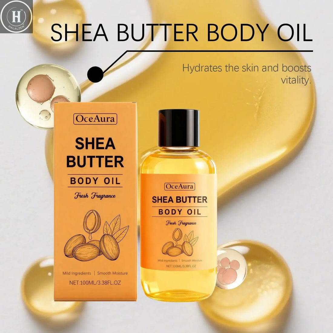 100% Natural Shea Butter Massage Oil Intense Moisture for Dry Skin Lightweight & Fast Absorbing All Skin Types Stretch Mark Care HALALZEN