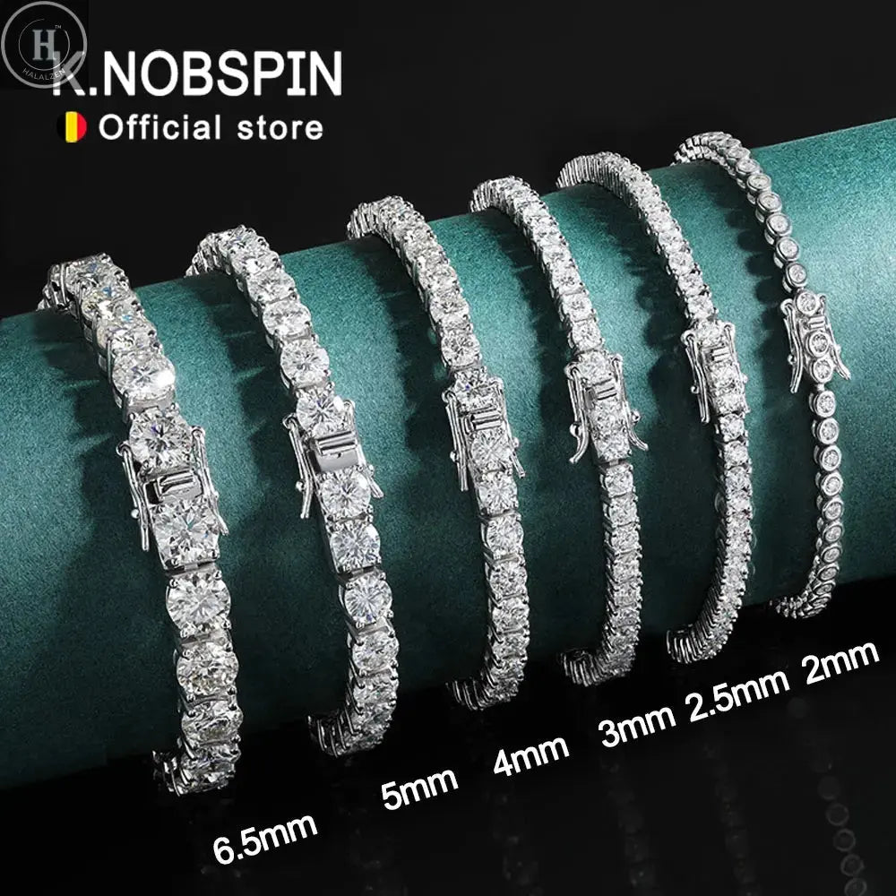 KNOBSPIN 2mm Moissanite Tennis Bracelet 925 Sterling Silver Plated White Gold Bracelet for Women Man Sparkling Party Jewelry HALALZEN