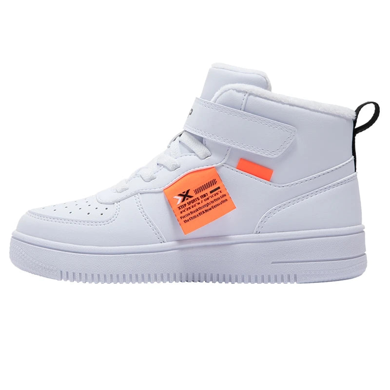 Xtep Kid's Skateboarding Shoes 2024 Winter Unisex Warm Cotton High-top Velcro Stitching Color Fashion Casual Shoes 676416379380