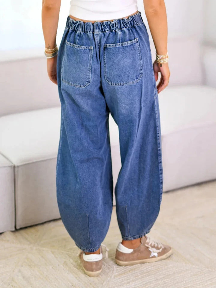 Women s High Waisted Denim Jeans Stretchy Elastic Waistband Tie-up Loose Fit Pants with Pockets Perfect for Everyday Street