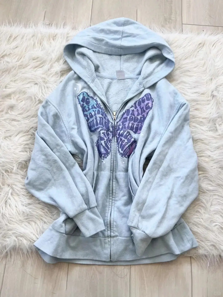 Y2K Aesthetic Vintage Blue Butterfly Print Zip Up Hoodie Women Loose Fit Long Sleeve Ruffle Sweatshirt Casual Streetwear Jacket