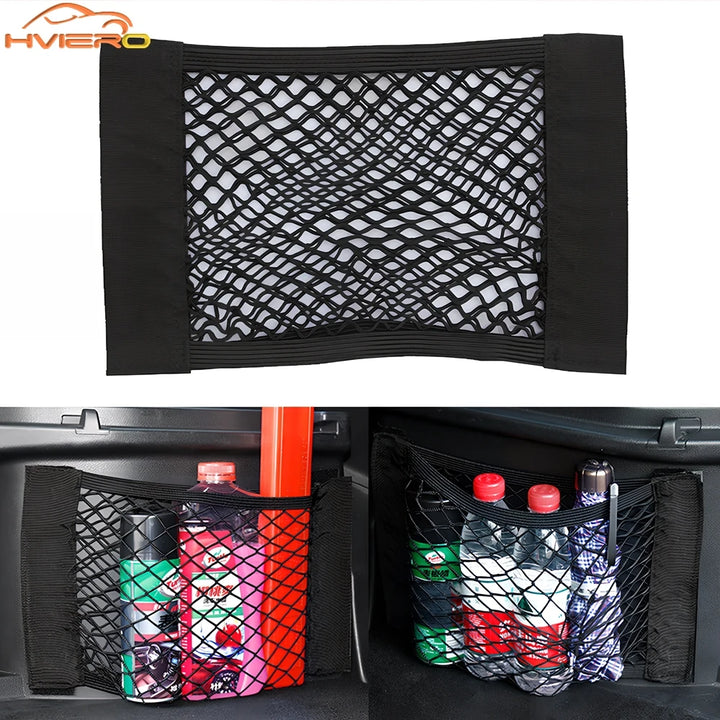 1X Car Back Rear Trunk Organizer Net Mesh Seat Elastic String Magic Sticker Universal Storage Bag Pocket Auto Put Paper Stowing