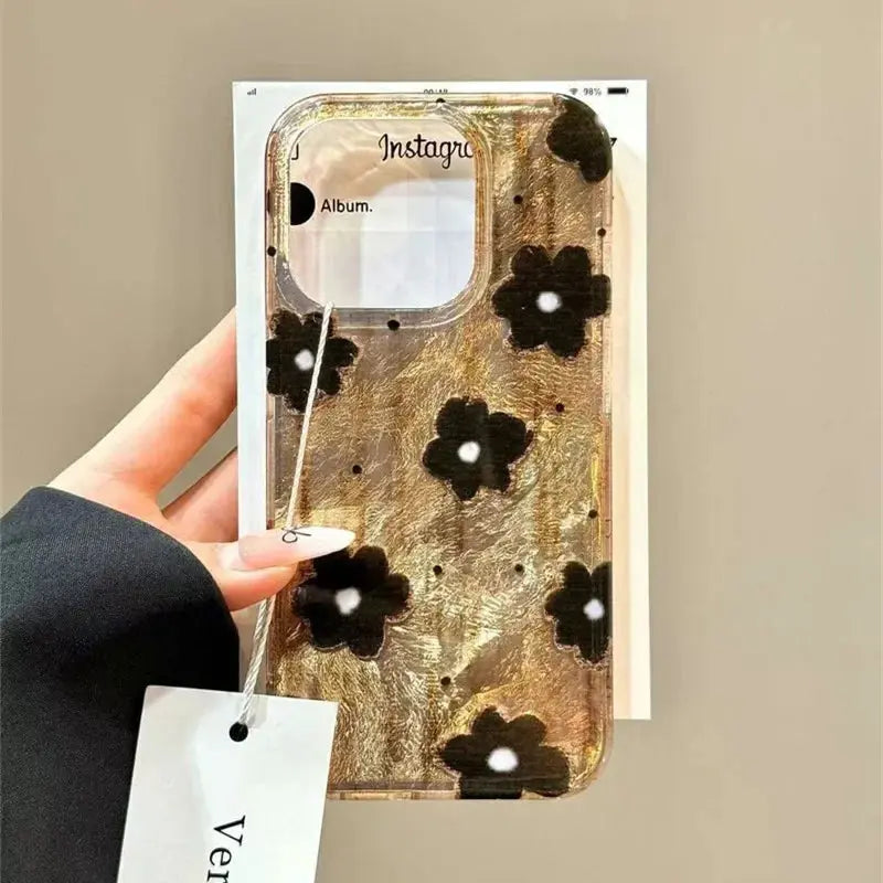 Retro Brown Black Spots Flowers Tinfoil Pattern Phone Cover Case for IPhone 17 16 16e 15 14 13 12 11 Pro Max 14 Plus 16E Cover Halalzen UK