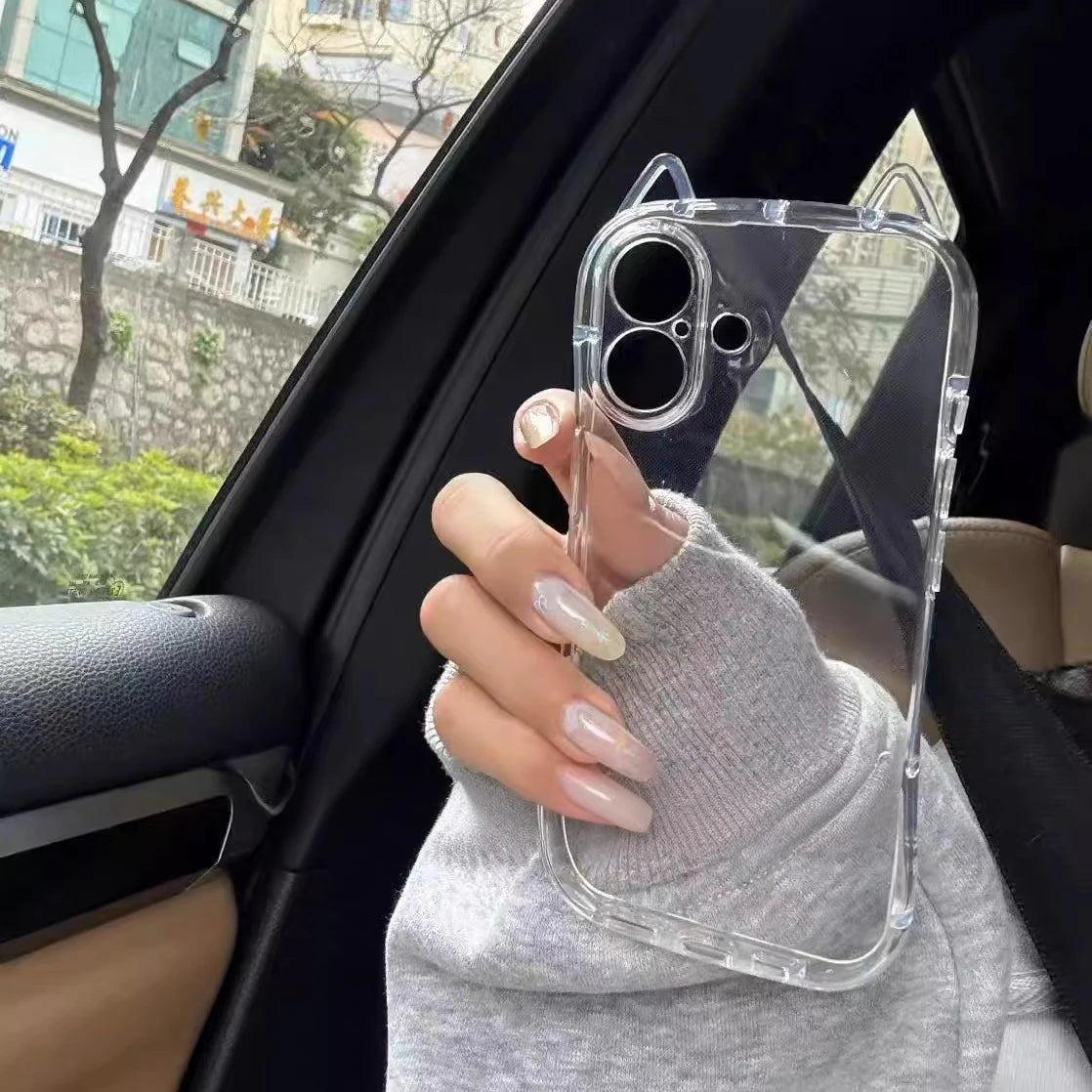 3D Hollow Out Cute Cat Ears Clear Phone Case For iPhone 17 Air 16 15 14 13 12 11 17 Pro Max Plus X XR XS Airbag Shockproof Cover