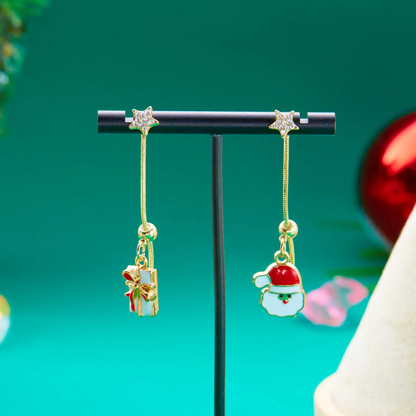 Trendy Asymmetric Xmas Santa Tassel Stud Earrings for Women Jewelry Enamel Christmas Star Tree Gift Box Pierced Dangle Bijoux