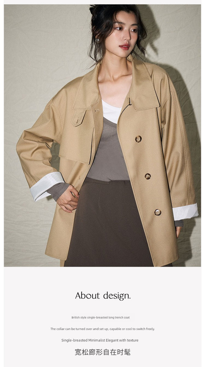 24 Autumn New Korean Style Casual Retro Style Versatile Stand Collar Small Loose Mid Length Long Length Trench Coat Outwear