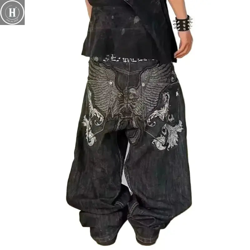American Street Trend Letter Embroidered Loose Jeans Men Harajuku Y2K New Hip Hop Oversized Wide-leg Pants Unisex Mopping Jeans HALALZEN