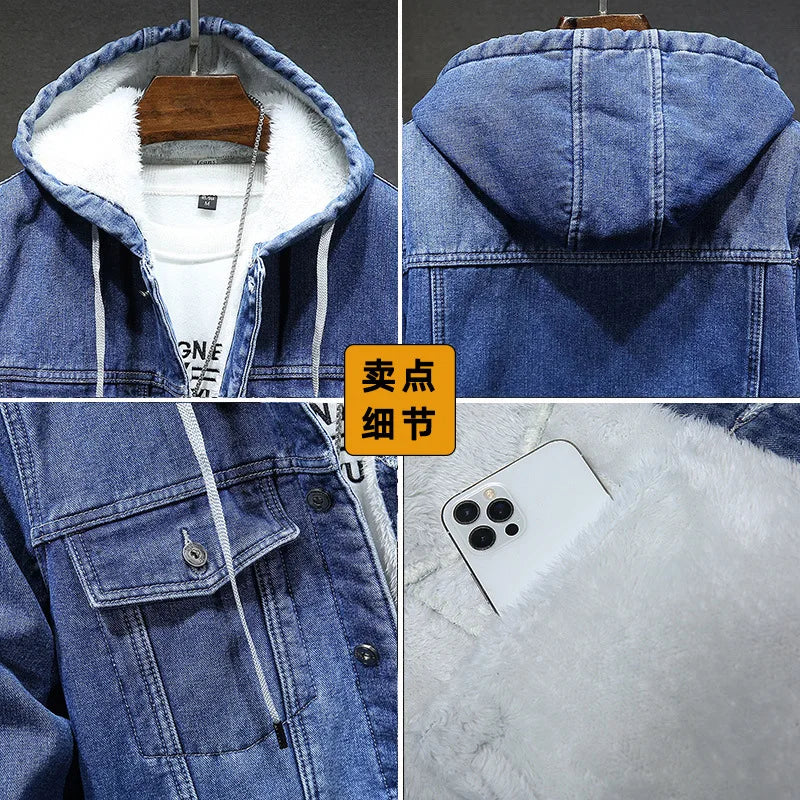 Hooded Denim Jacket Men's Retro Jacket Autumn and Winter Coat Hooded Plus Velvet Windbreaker Thickened and Warm for Men