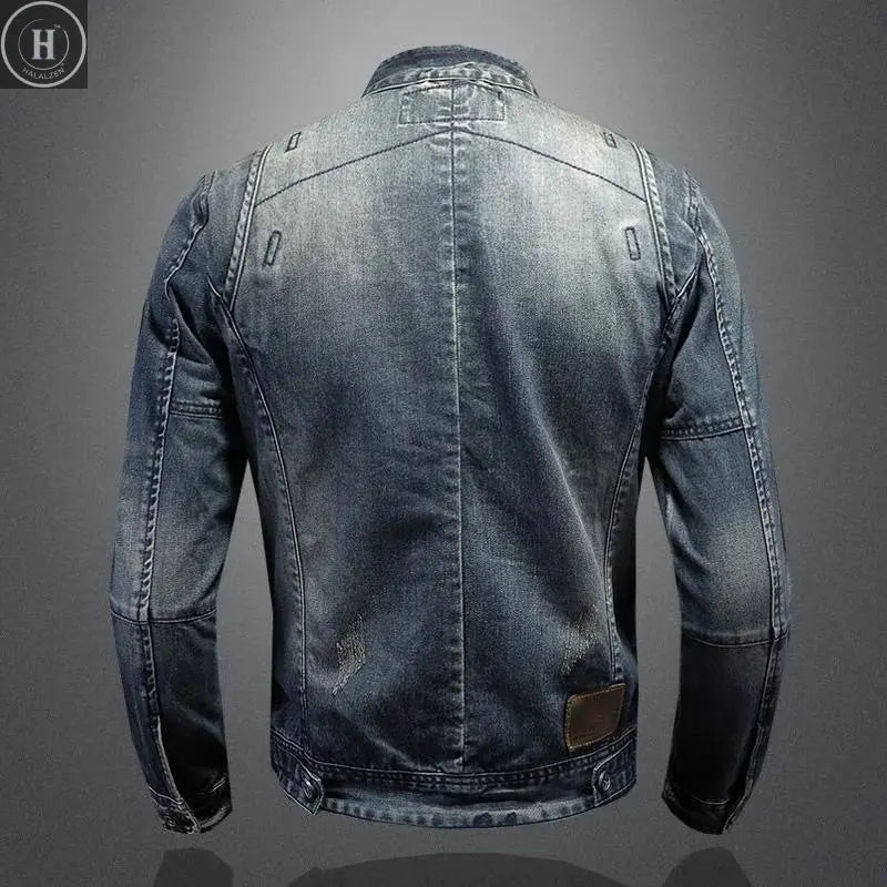 Autumn and Spring Style Trendy American Vintage Straight Leg Motorcycle Denim Jacket Men's Loose Sports Plus Size High-End Outer HALALZEN