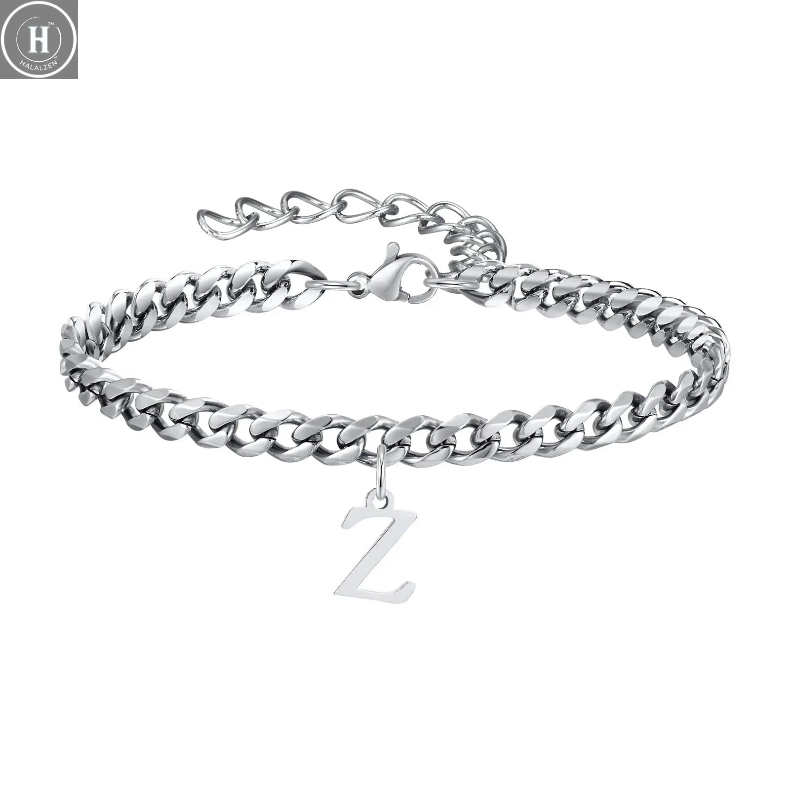 Mens Initials Cuban Links Bracelets,Stainless Steel A-Z 26 Letters Alphabet Charm Chain Wristband Adjustable,Casual Jewelry Gift HALALZEN