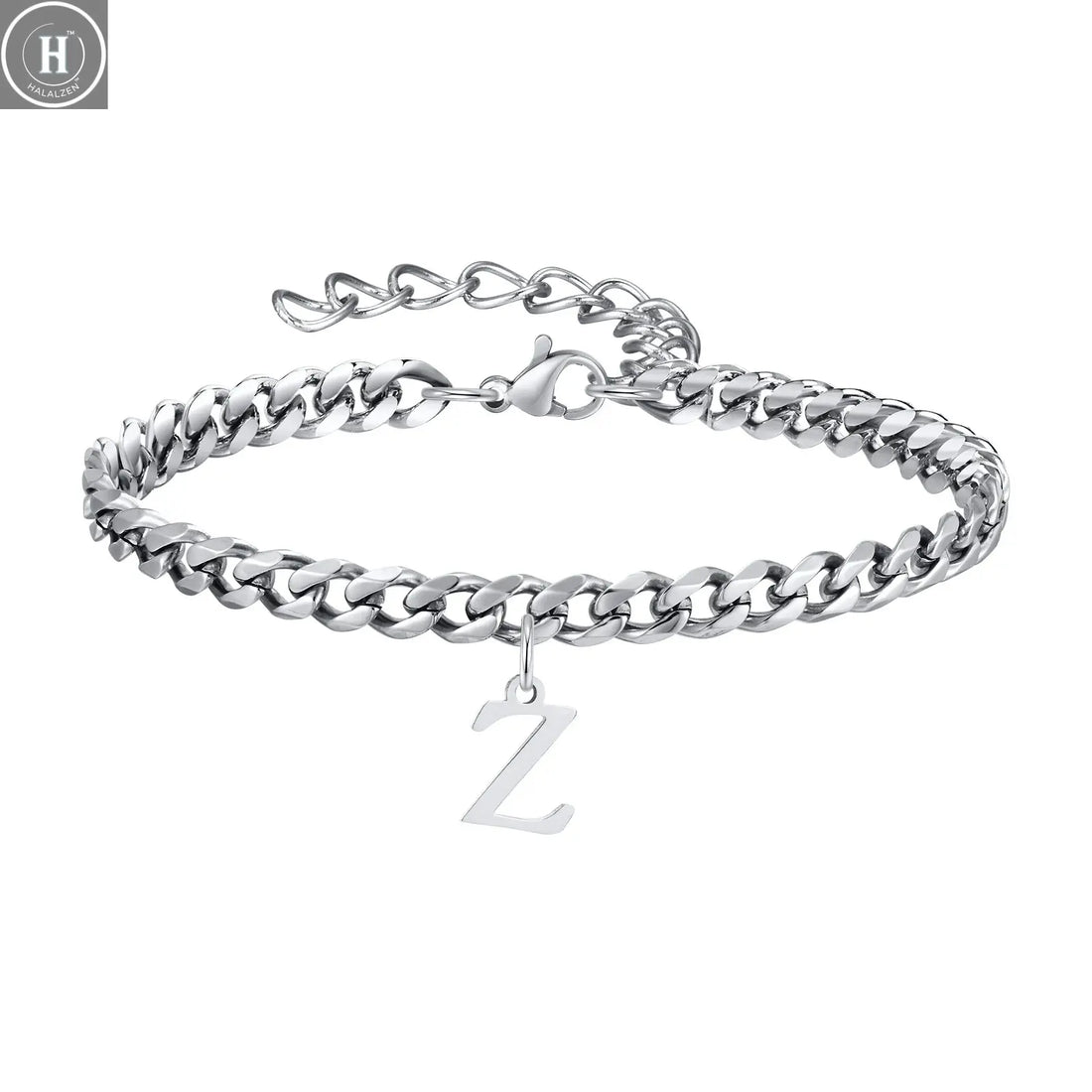 Mens Initials Cuban Links Bracelets,Stainless Steel A-Z 26 Letters Alphabet Charm Chain Wristband Adjustable,Casual Jewelry Gift HALALZEN