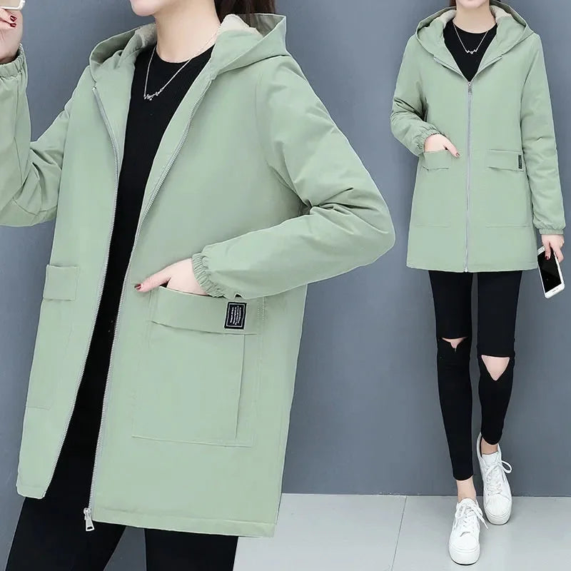 2024 New Winter Jacket Cotton Warm Puffer Coat Women Casual Parkas With Lining Plush hooded trench Outwear Women's Clothes