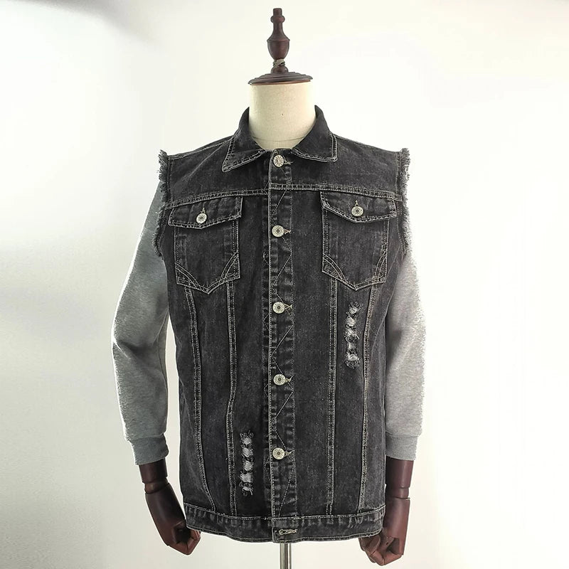 Rock Punk Style Skull Printed Denim Vest Jacket Men Vintage Ripped Buttoned Lapel Waistcoats Mens 2026 Spring Fall Jean Jackets