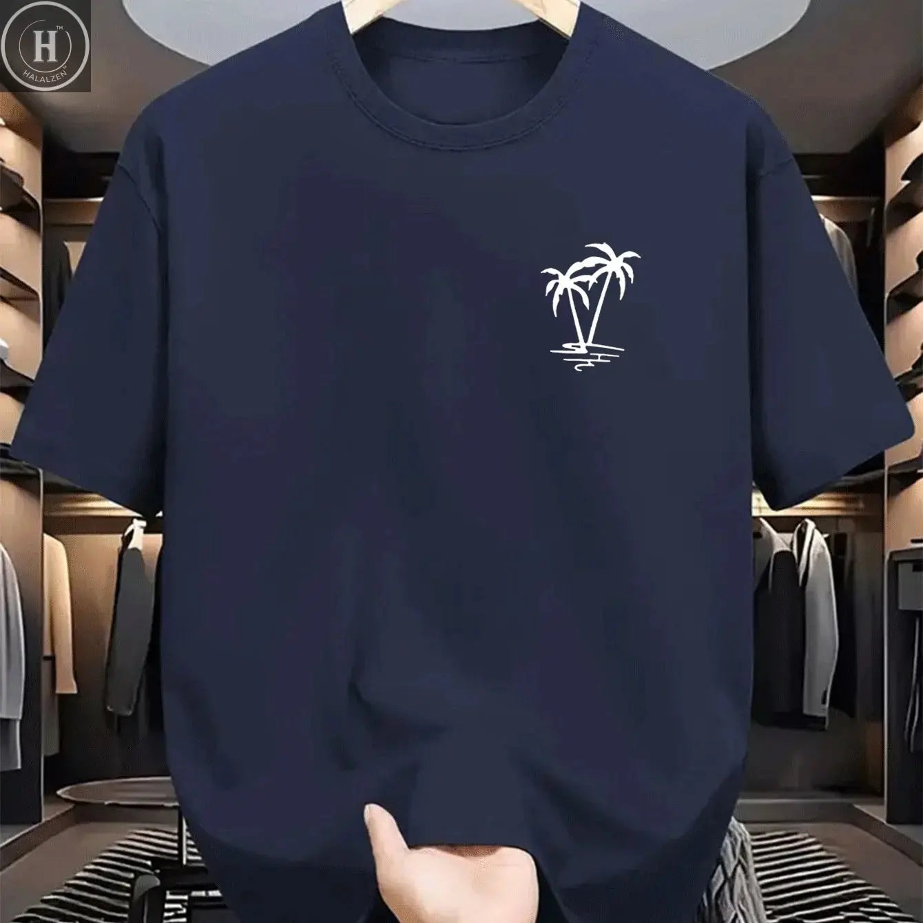 Men's summer 100% cotton fashionable casual loose coconut tree pattern printed sports round neck short sleeved T-shirt top HALALZEN