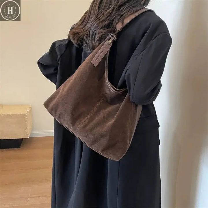 Women Suede Shoulder Bag with Zipper Hobo Bags Large Capacity Handbag Slouchy 2025 Trendy Commuter Travel Purses and Handbags HALALZEN