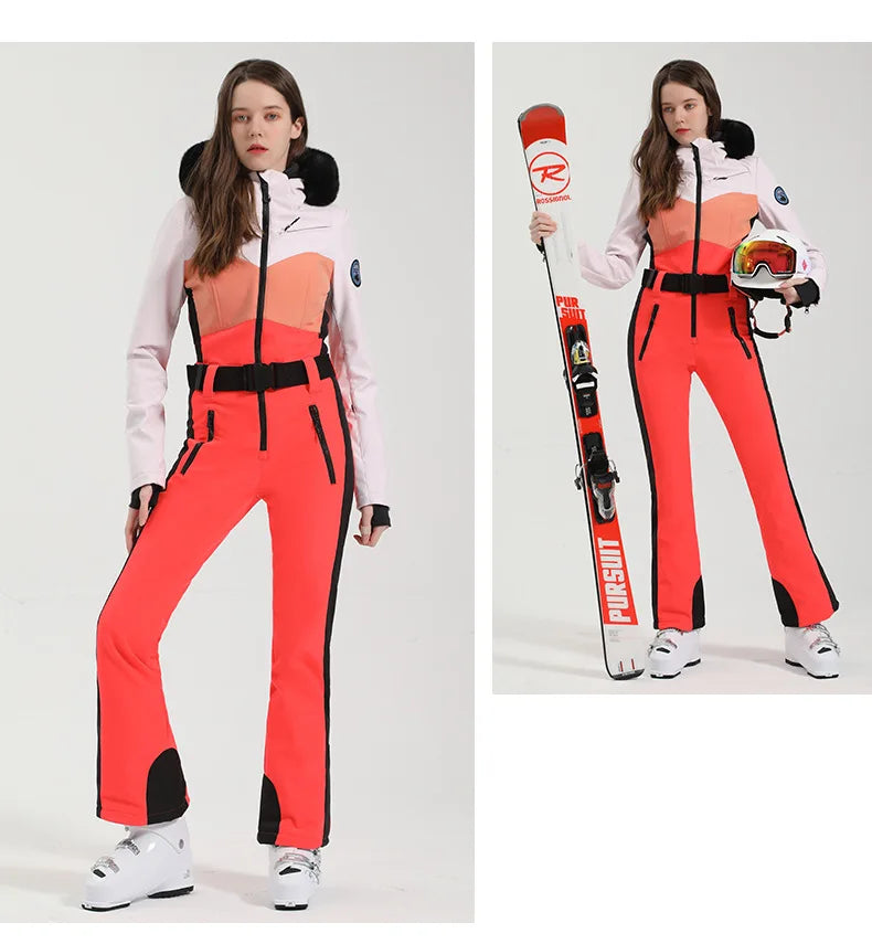 Winter New 2025 One-Piece Ski Suit Women Slim Outdoor Snowboarding Jacket Warm Waist Skiing Set Jumpsuits Windproof Waterproof