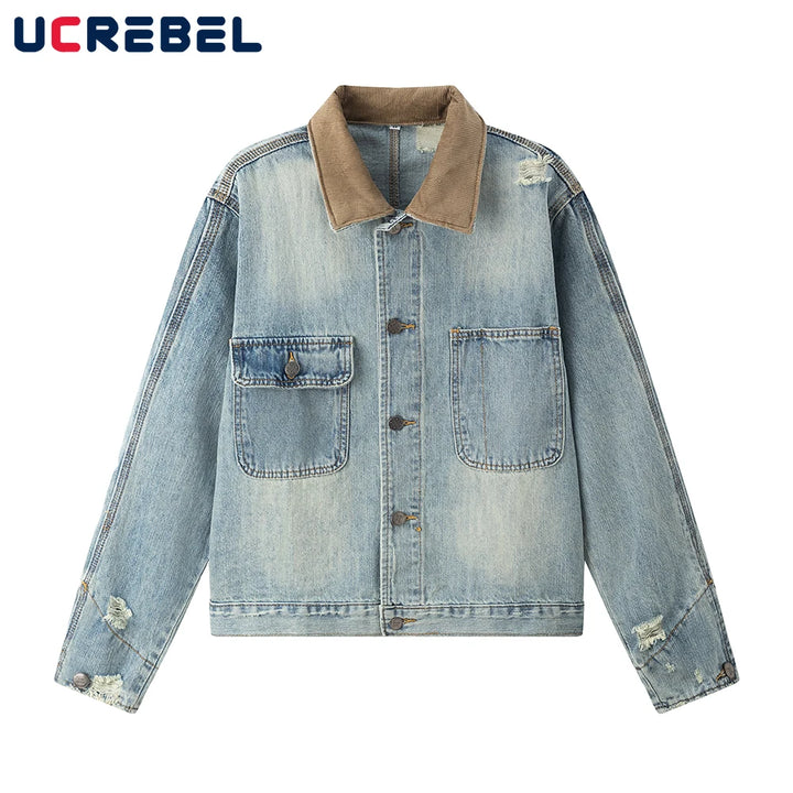 Ripped Spliced Denim Jacket Mens Autumn Retro High Street Washed Distressed Lapel Single Breasted Jeans Jacket Outerwear Men