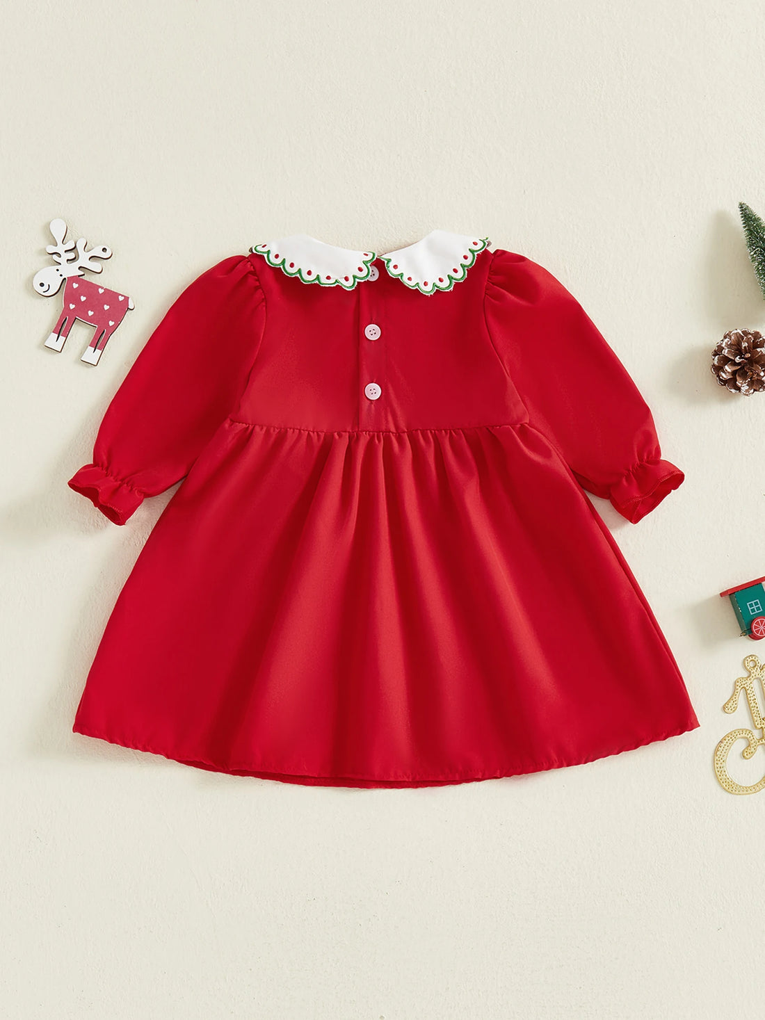 Little Girls Santa Claus Embroidery Dress Christmas Long Sleeve Doll Collar A-line Dress