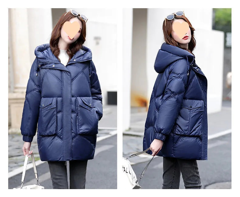 2024 New Women Jacket Winter Parkas Long Coat Fur Collar Hooded Glossy Overcoat Female Cotton Padded Parka Waterproof Outwear