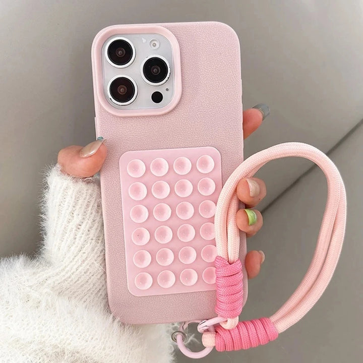 Suction Cup Stand Litchi Pattern Phone Case For iPhone 17 16 15 14 13 12 11 Pro Max X XS XR With Lanyard Rope Soft Bumper Cover