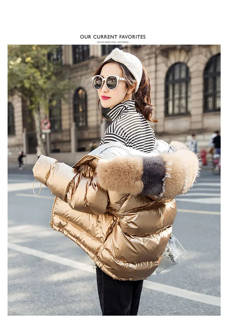 New Real Fur Parkas Natural Fox Fur Collar Jacket Winter Women Loose Short Down Coat White Duck Down Jacket Thick Warm Down Coat