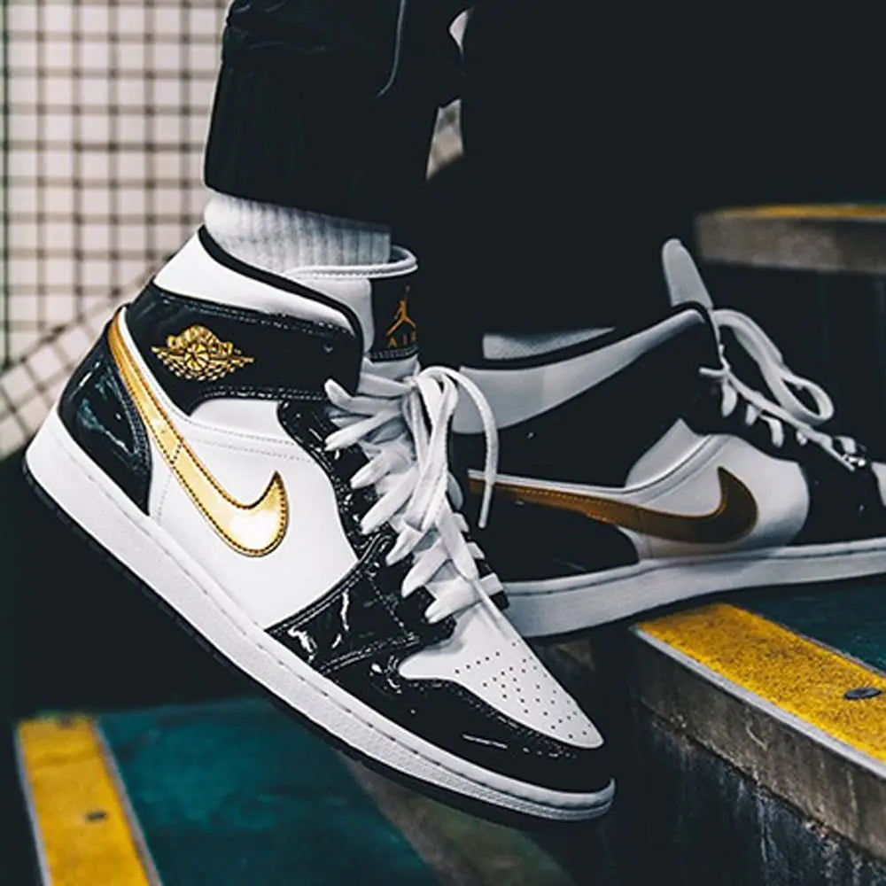 Original Air Jordan 1 Mid "Patent Black Gold" For and Men's Unisex Trend Retro Mid-Top Retro Classic Basketball Shoes