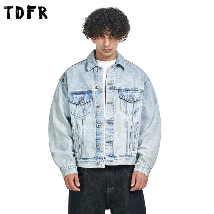 Pocket Denim Jacket Mens Autumn Winter Basic Retro Casual Loose Lapel Long Sleeve Single Breasted Cowboy Jacket Man Outerwear