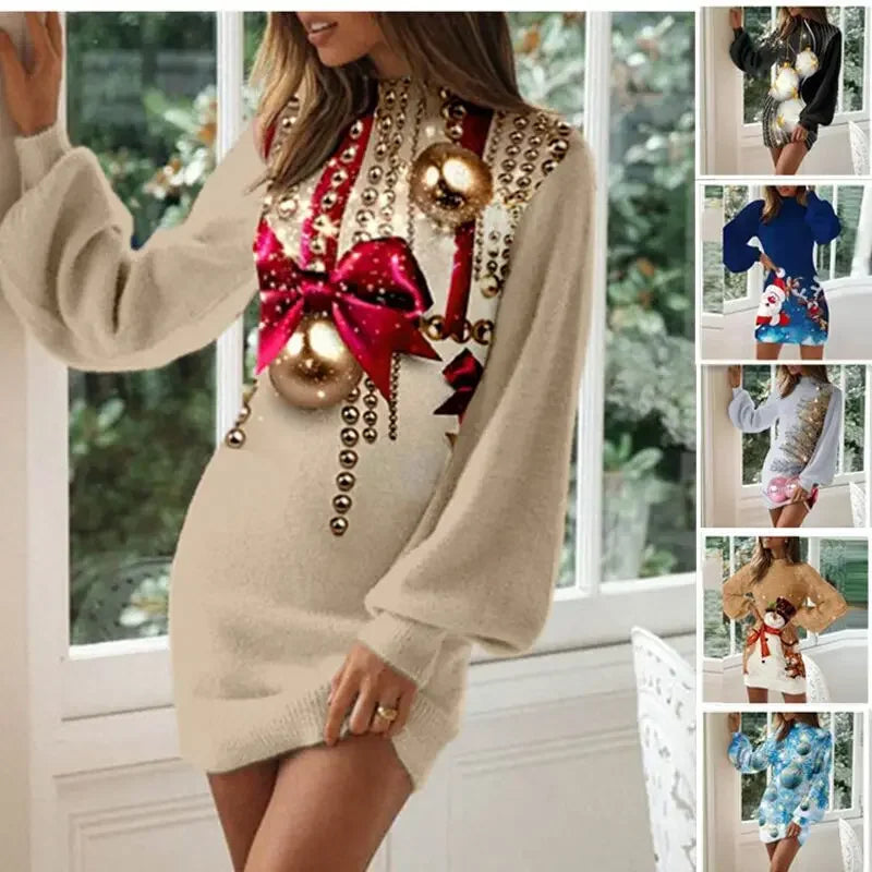 Vintage Christmas Printing Women Party Dress Autumn Fashion Half High Collar Lantern Long Sleeve Dresses Lady Bodycon Vestidos