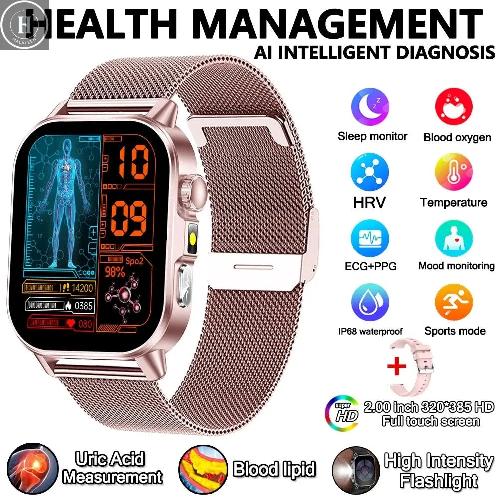 2026 New Model Uric Acid & Lipid Health Analysis Smart Watch Men ECG+PPG Bluetooth Call 2.01-inch Flashlight Smartwatch Women HALALZEN