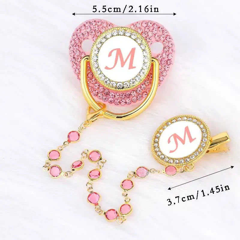 0-3-year-old baby girl pink luxurious diamond letter pacifier, with gemstone chain clip, dust cover, best baby gift, BPA free,