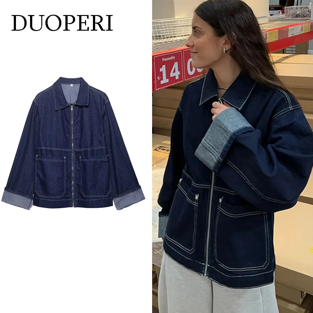 DUOPERI Women‘s Blue Denim Jacket with Pockets Cuff Overlap Casual Lapel Neck Long Sleeves Female Chic Elegance Mujer Outerwear