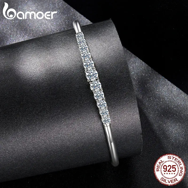 BAMOER 3.6CTTW Moissanite Bar Bracelet Adjustable Wrist Cuff Open Bangle 925 Sterling Silver for Women Wedding Gift Round Cut HALALZEN